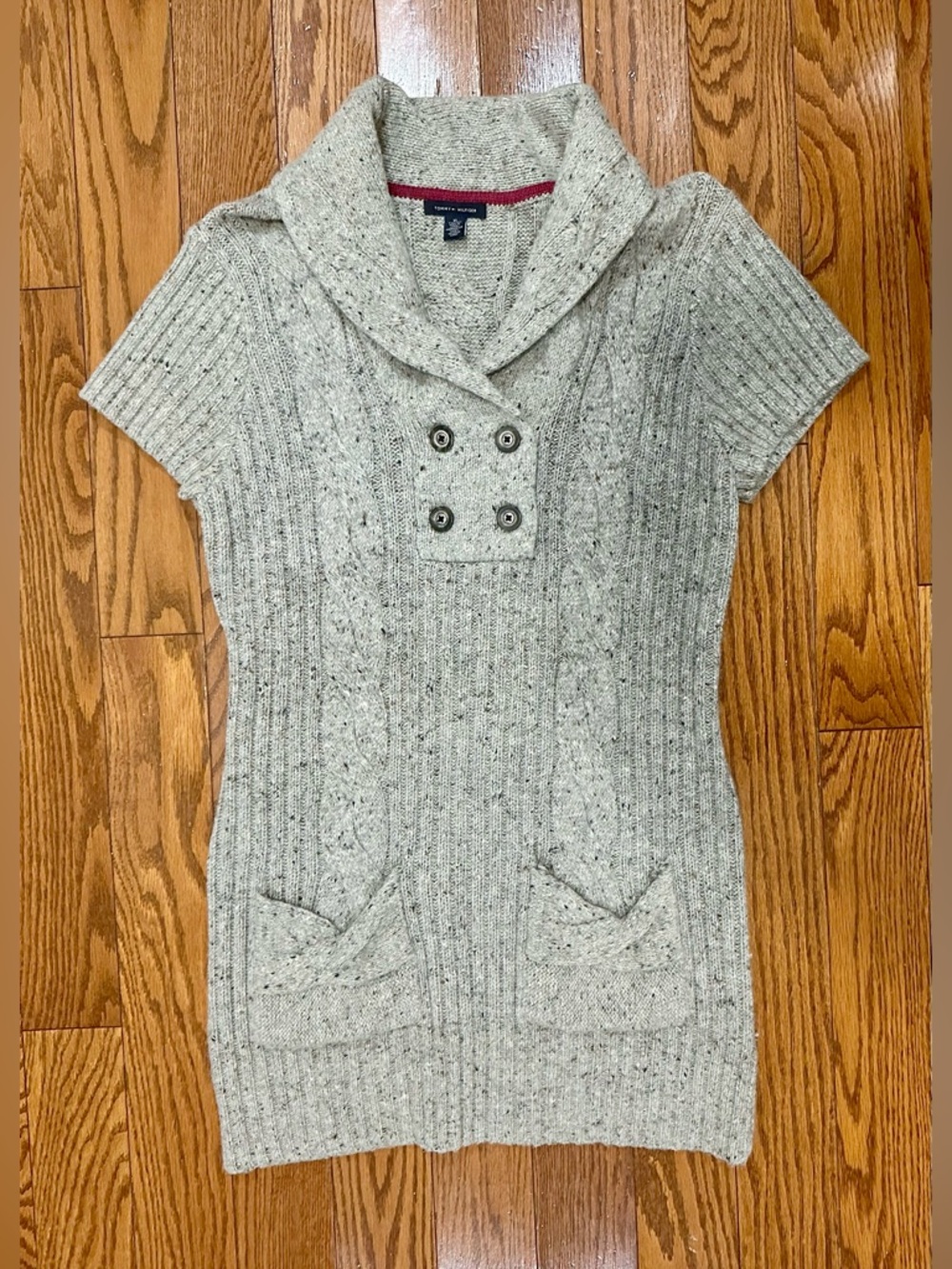 Tommy Hilfiger Beige Speckled Cable-Knit Short-Sleeve Sweater